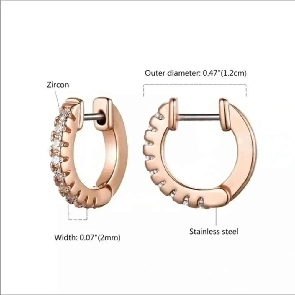Unisex AAA Zircon Rose Gold Tone Stainless Steel Huggie Hoop Hinge Earrings NWT